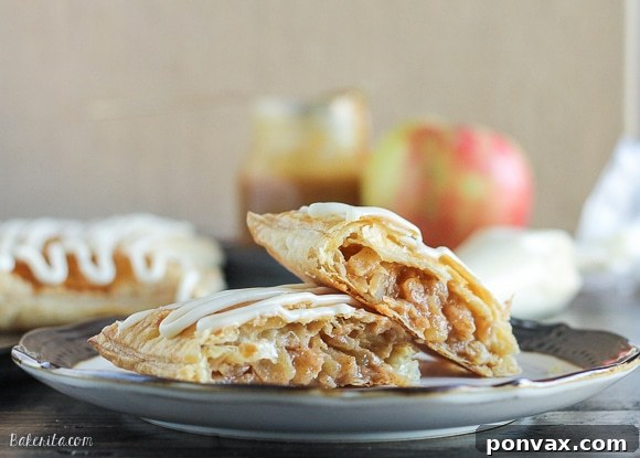 Close-up of a Caramel Apple Toaster Strudel revealing its thick, sweet caramel apple filling and flaky pastry.