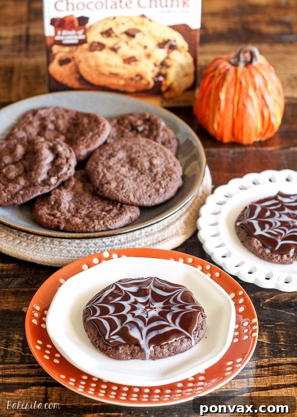 Exquisite Chocolate Spiderweb Cookies 4 These Ultimate Chocolate Spiderweb Cookies are perfect for Halloween! They're double chocolate cookies, full of chocolate chunks, and topped with white and dark chocolate ganache.
