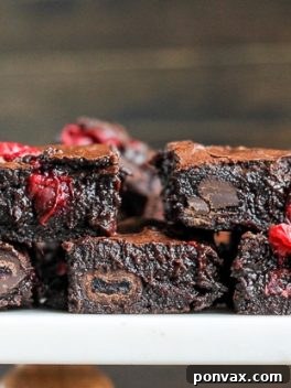 A close-up of a fudgy cranberry brownie, showing the dark chocolate and red cranberries