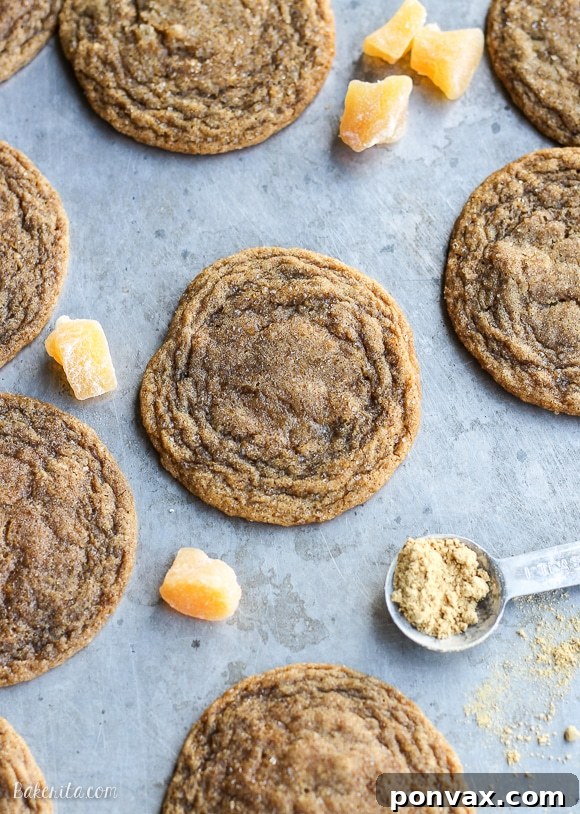 Stack of chewy ginger orange cookies with visible pieces of crystallized ginger peeking through